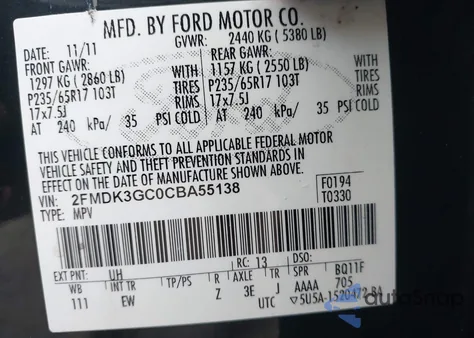 2012 Ford Edge Se из США, поврежденный, VIN 2FMDK3GC0CBA55138